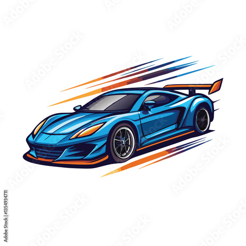 Create a vector illustration of a sleek, fast sports car speeding around a dynamic racetrack curve, emphasizing motion blur and speed lines.