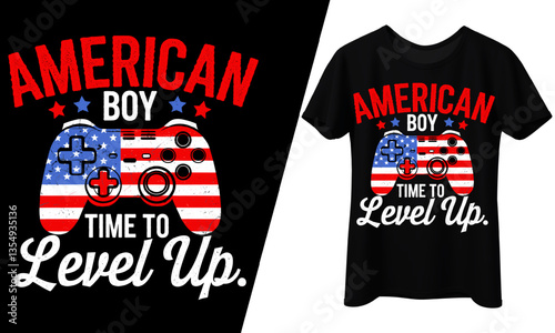American Gamer Boy, Time To Level Up. USA Flag T-Shirt Design.