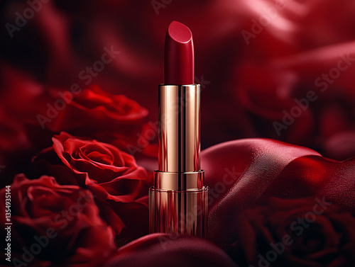 a red lipstick bottle against a red satin background with a blurred red rose in the background.