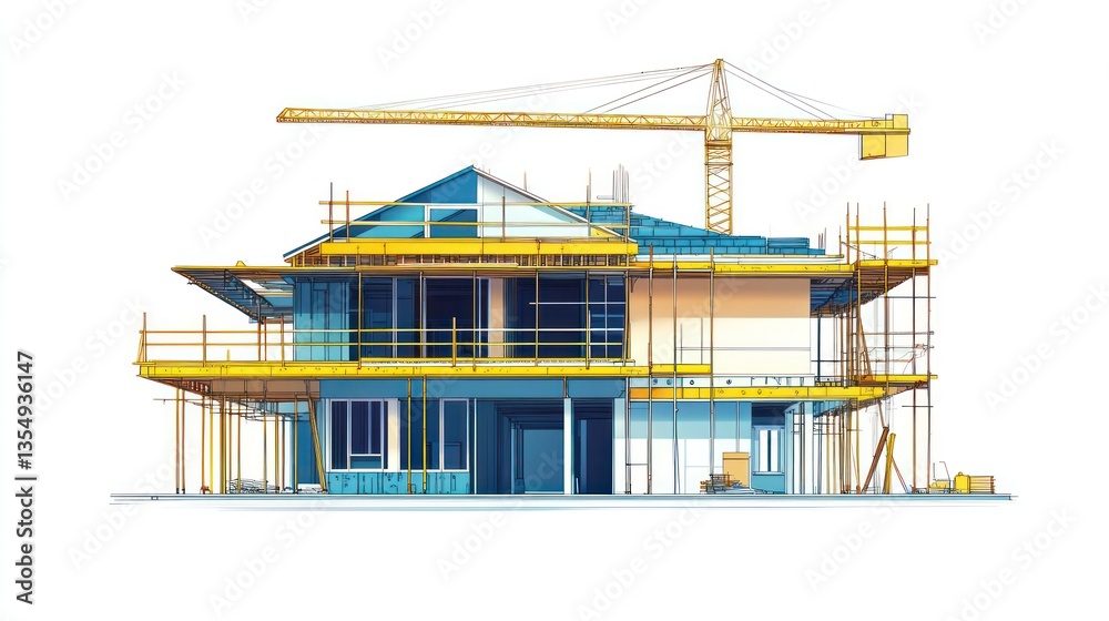 House Under Construction, Crane, Scaffolding
