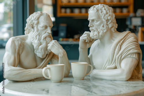 Two white marble statues of Greek philosophers sitting at a caf? table, engaging in deep conversation over coffee. Philosophy, dialogue, intellect, and timeless discussion in a modern context.