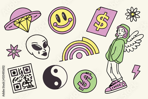 31 Colorful sticker pack, retro and modern icons, emojis, graffiti style, internet culture symbols, alien face, angel figure, smiley faces, QR code, dollar sign, purple rings, melting smiley, neon col