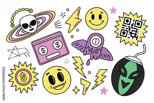 31 Colorful sticker pack, retro and modern icons, emojis, graffiti style, internet culture symbols, alien face, angel figure, smiley faces, QR code, dollar sign, purple rings, melting smiley, neon col