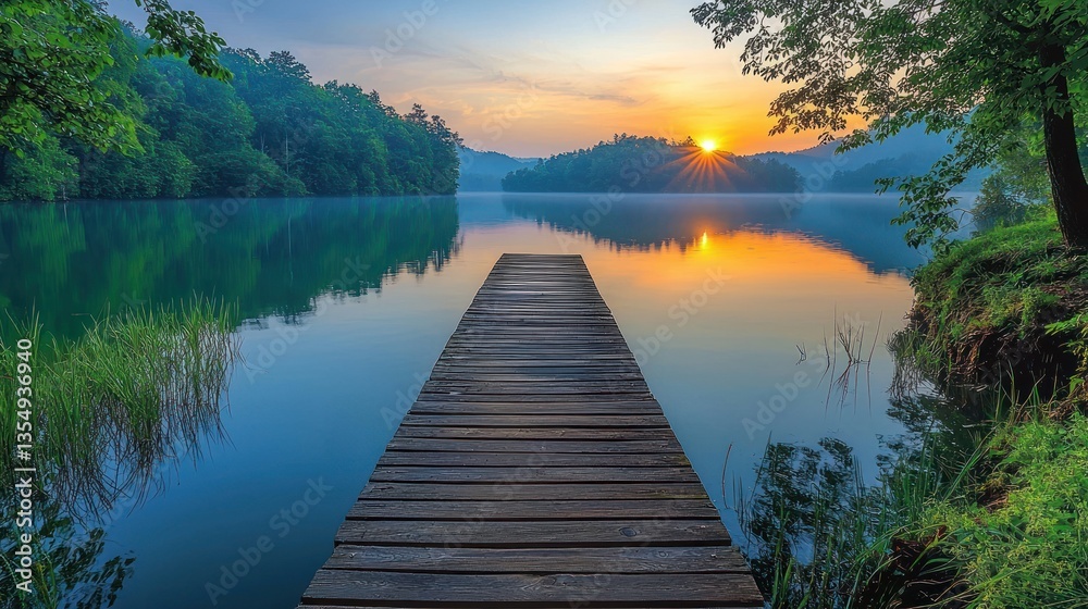 Naklejka premium Serene lake sunrise. Wooden dock