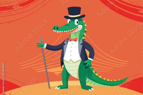 A vintage cartoon crocodile, dapper in a top hat and monocle, smiles slyly.  Detailed illustration, vibrant colors, classic animation style.