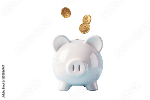 White piggy bank with gold coins falling in, isolated on white background. Concept of saving money, investment, and financial growth. Ai generative