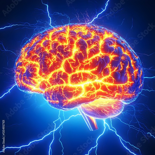 Illustration of a human brain lit up with sparking electrical activity, showcasing dynamic lightning effects on a vibrant blue background.