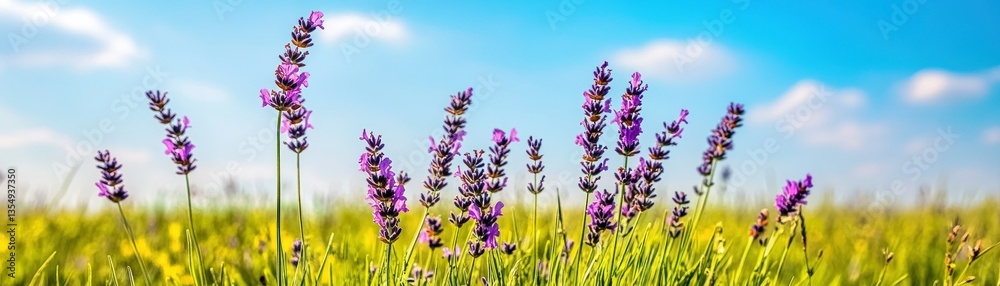 Obraz premium Purple lavender flowers waving in the grass under a blue sky