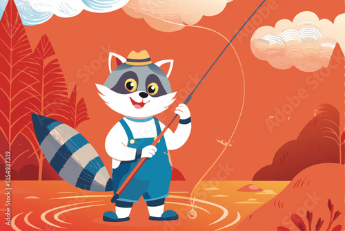 A charming vintage cartoon raccoon, sporting overalls and a holstered pistol, stands confidently.  Detailed illustration, vibrant colors, playful expression.