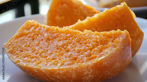 Bright Orange Mimolette Cheese Slices on Plate Showcasing Texture in Culinary Presentation