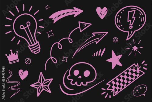 32 Neon pink doodles, black background, hand-drawn symbols, glowing light bulb, arrows, skull, heart, crown, stars, checkered pattern, hashtag, quotation marks, abstract shapes, vibrant magenta, digit