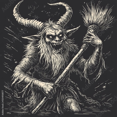 Scary Krampus creature in traditional engraving style, wild horns and broom in hand, dark tones, hand-drawn intricate details, isolated design, perfect for a logo or cut-out emblem.