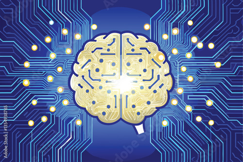A detailed illustration of a human brain with vibrant, glowing circuitry forming the letter 'T', symbolizing technological thought.