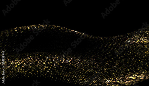 Scattered golden sparkle wave particles on a dark background. Festive background or design element.
