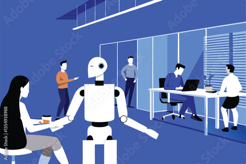 A sleek humanoid robot engages in friendly conversation with diverse humans in a futuristic, brightly lit city setting.