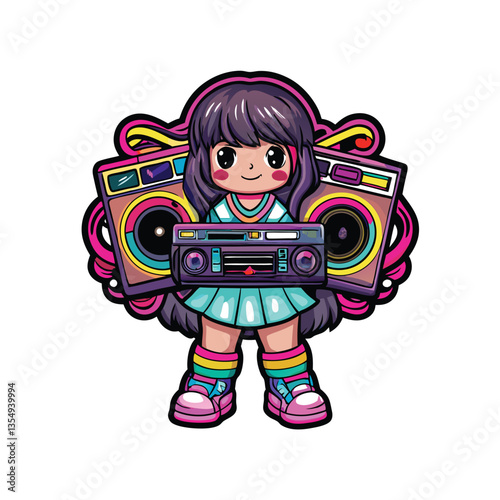 A cute kawaii girl with rosy cheeks, wearing bright clothing, joyfully holds a vibrant neon pink and blue boombox, playing upbeat music.