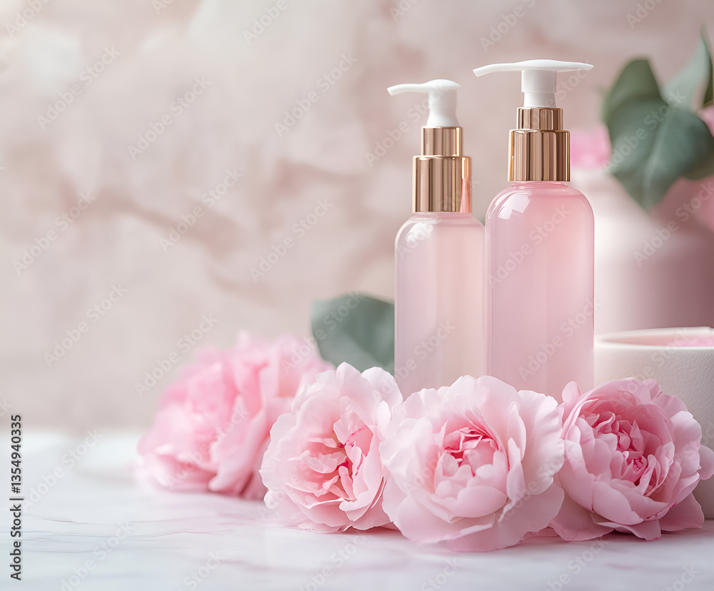Lotion bottles with rose extracts and peony flowers on elegant background, natural organic cosmetics concept, spa and store advertising, minimal composition Lotion bottles with rose extracts and peony flowers on elegant background, natural organic cosmetics concept, spa and store advertising, minimal composition