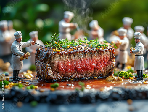 a well-cooked steak with a caramelized crust, surrounded by miniature figures of chefs and various food items, creating a whimsical and artistic presentation.