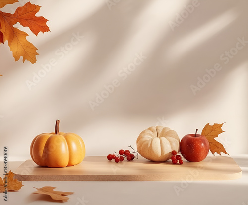 Creative autumn composition with maple leaves, pumpkins, apples, rowan berries and empty wooden table for product display, minimal autumn concept, screen banner