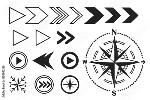 33 Black arrows, geometric shapes, directional symbols, minimalist design, vector graphics, right-pointing arrows, various arrow styles, monochrome illustration, graphic design elements, icon set, nav