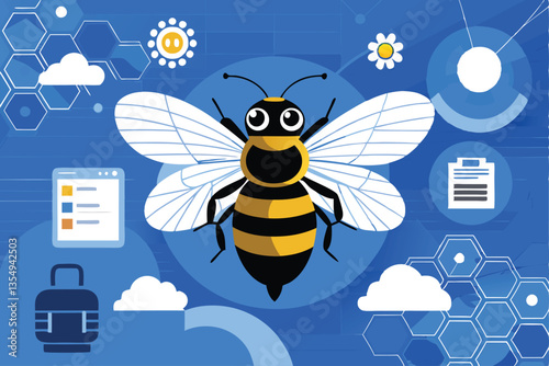 A team of diverse developers work diligently on a cutting-edge software project, symbolized by a stylized beehive logo, representing their innovative tech startup.