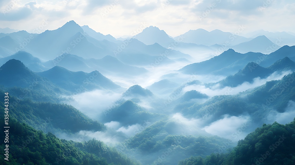 Fototapeta premium Misty valley mountain peaks view high resolution hd image