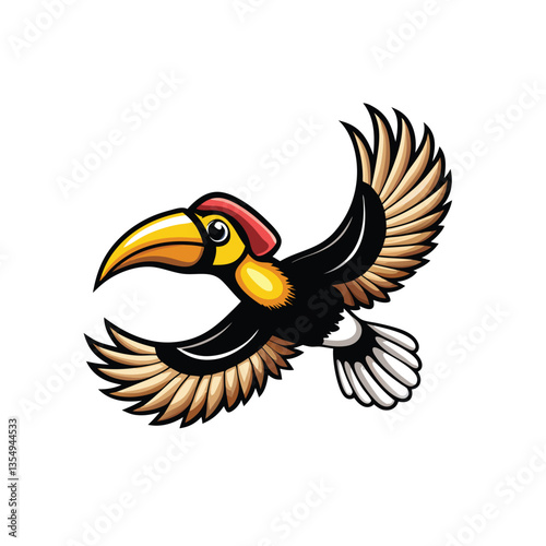 Vivid, highly detailed illustration of a helmeted hornbill, showcasing its vibrant plumage and casque.  Focus on sharp details and bright, saturated colors.
