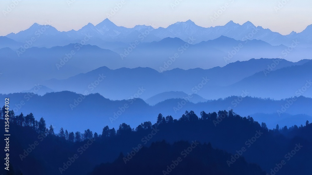 Fototapeta premium Blue mountain range silhouettes captured at twilight or dusk