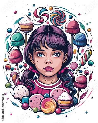 A young girl happily surrounded by vibrant, colorful candy jars in a whimsical candy shop.  She's smiling amidst a delightful array of sweets.