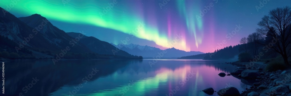 Soft luminescent glow of aurora borealis above quiet river, Quiet River, Soft Luminescence, River Soft luminescent glow of aurora borealis above quiet river, Quiet River, Soft Luminescence, River