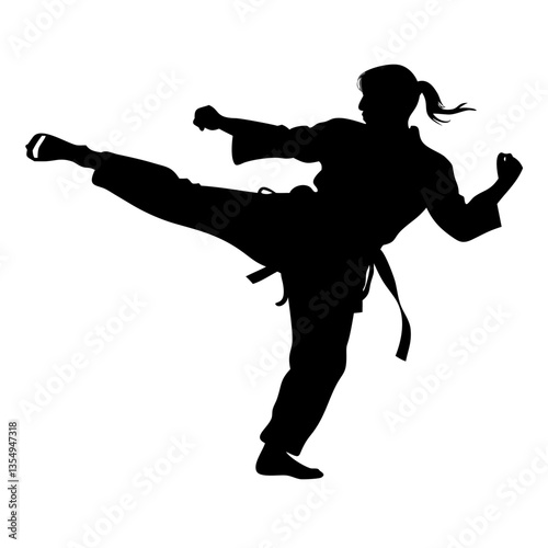 a silhouette of a woman in a karate stance performing a powerful kick