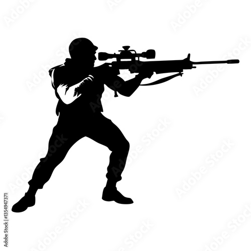 a silhouette of a sniper aiming a high-powered rifle, embodying precision and focus. The person is crouched low, maintaining a steady posture, ready for action