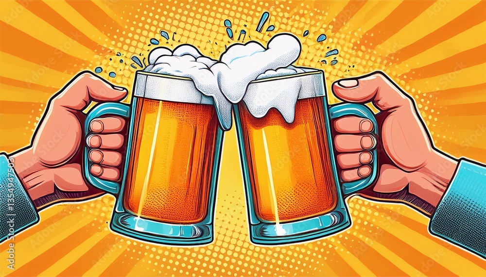 Two hands clinking beer mugs with a splash of foam. Poster for beer party, bar or pub. Pop art vector illustration.