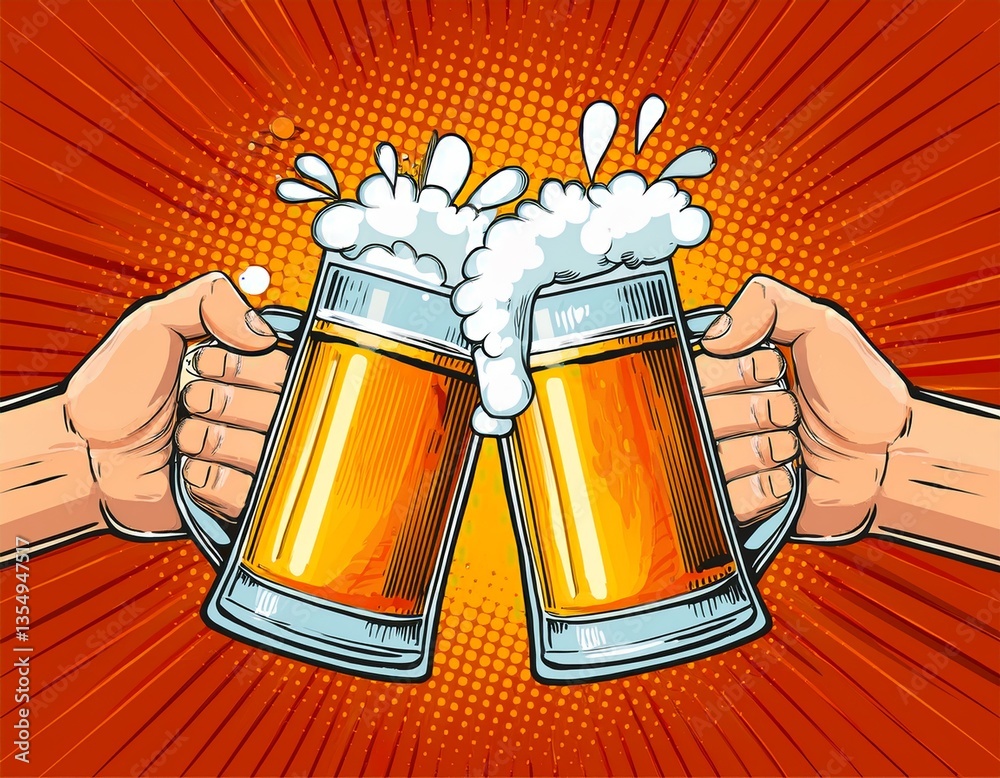 Two hands clinking beer mugs with a splash of foam. Poster for beer party, bar or pub. Pop art vector illustration.