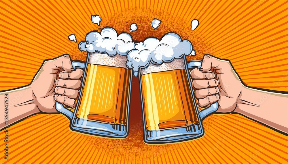 Two hands clinking beer mugs with a splash of foam. Poster for beer party, bar or pub. Pop art vector illustration.