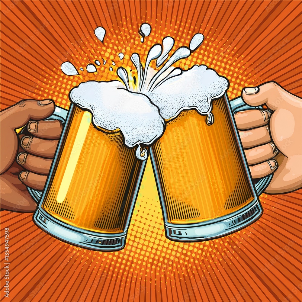 Two hands clinking beer mugs with a splash of foam. Poster for beer party, bar or pub. Pop art vector illustration.