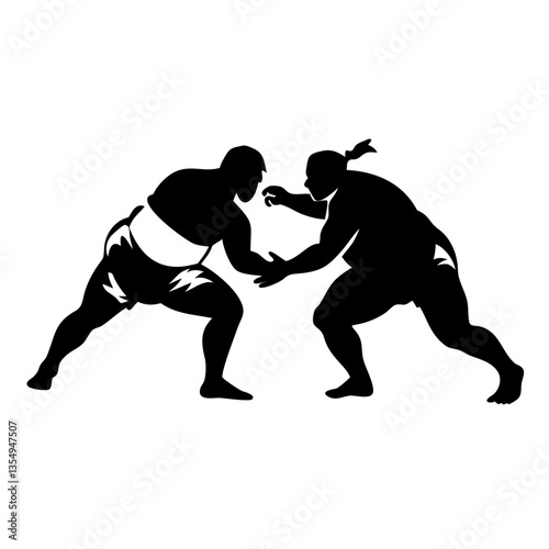 two sumo wrestlers in silhouette during a match, embodying strength, power, and tradition. Their intense concentration and physical prowess are on display, captured in this dynamic illustration