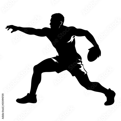A silhouette of a rugby player, mid-action, holding the ball, ready to throw. Depicting strength and agility