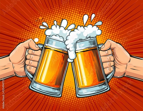 Obraz na płótnie Two hands clinking beer mugs with a splash of foam. Poster for beer party, bar or pub. Pop art vector illustration. w salonie