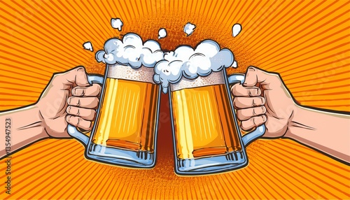Obraz na płótnie Two hands clinking beer mugs with a splash of foam. Poster for beer party, bar or pub. Pop art vector illustration. w salonie