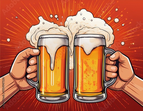 Obraz na płótnie Two hands clinking beer mugs with a splash of foam. Poster for beer party, bar or pub. Pop art vector illustration. w salonie