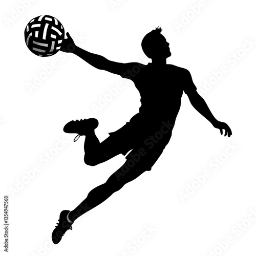 a silhouette of a person playing a sport with the ball in his hand, the figure is captured mid-air