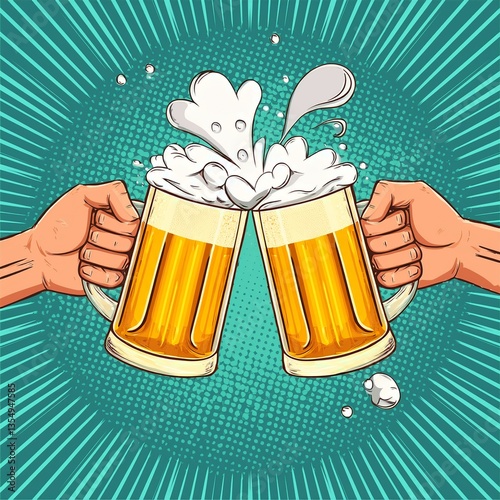 Two hands clinking beer mugs with a splash of foam. Poster for beer party, bar or pub. Pop art vector illustration.