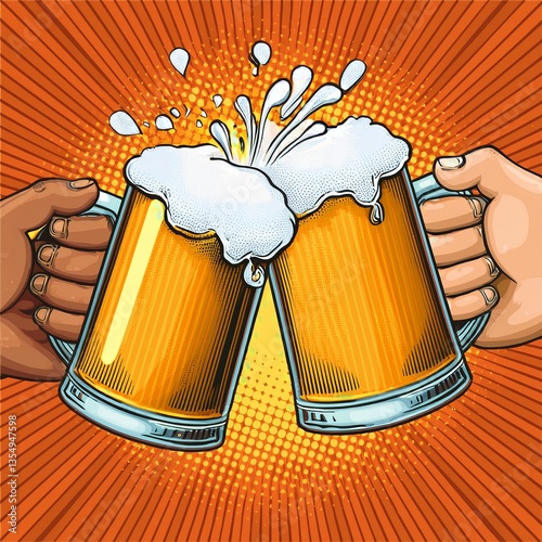 Obraz na płótnie Two hands clinking beer mugs with a splash of foam. Poster for beer party, bar or pub. Pop art vector illustration. w salonie