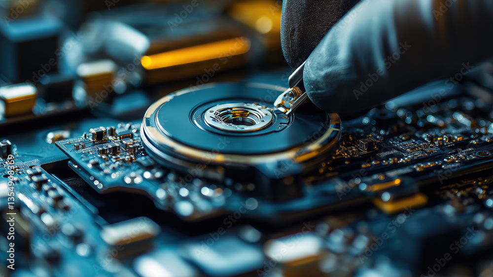 Naklejka premium Internal component handling during laptop disassembly showing hard drive removal process