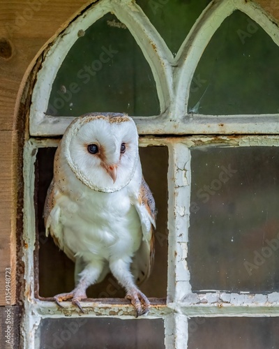 Western barn owl perched in a rustic window frame with weathered wood and peeling paint photo