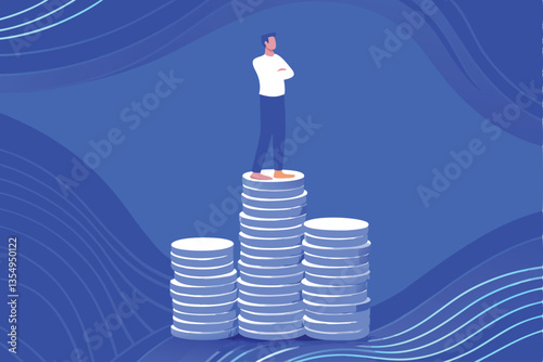 A precarious balancing act a person, skillfully balancing on a teetering stack of gold coins, symbolizing financial risk and precariousness.