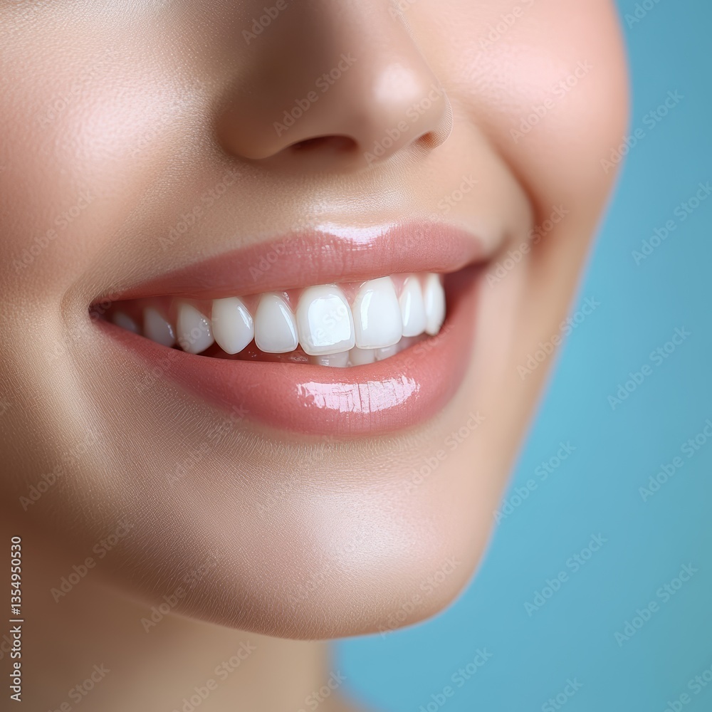 Fototapeta premium Perfect White Smile Close-up of a Woman's Healthy Teeth and Glowing Lips