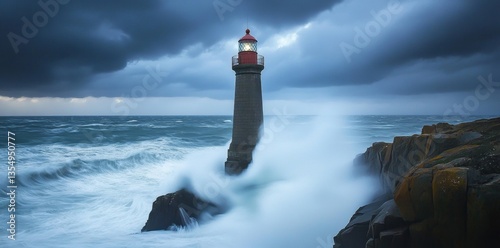Dramatic Lighthouse Against Stormy Sky and Crashing Waves by Rocky Coastline