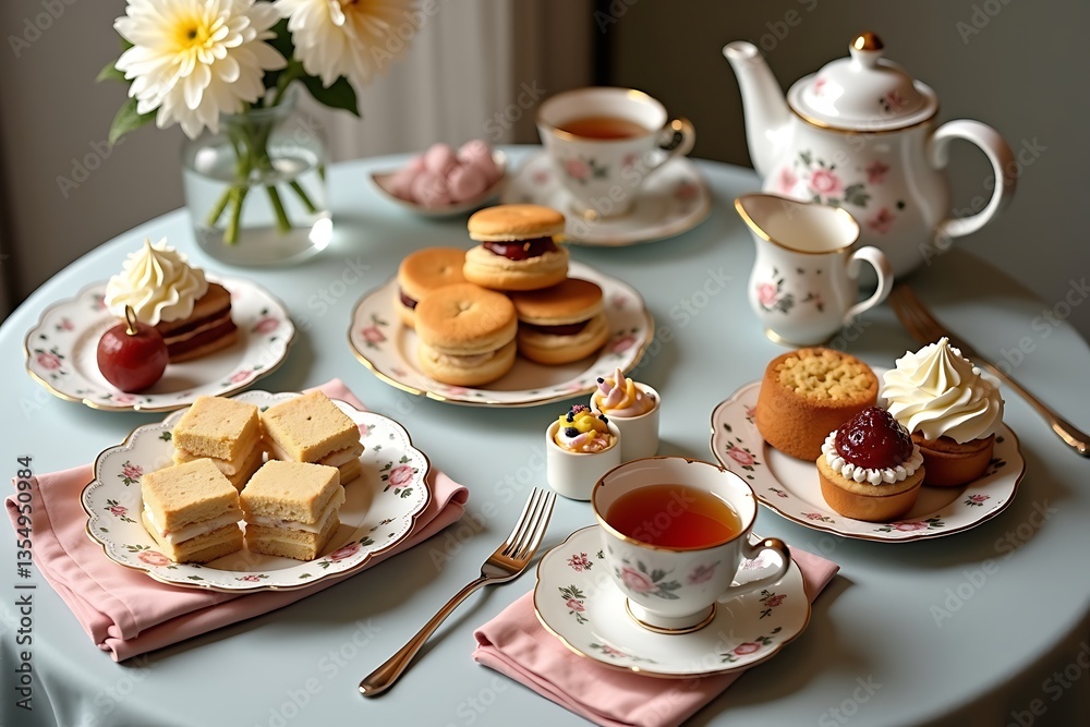 Indulge in a whimsical tea party with delectable treats and floral china celebrating sweet moments soft focused lighting.